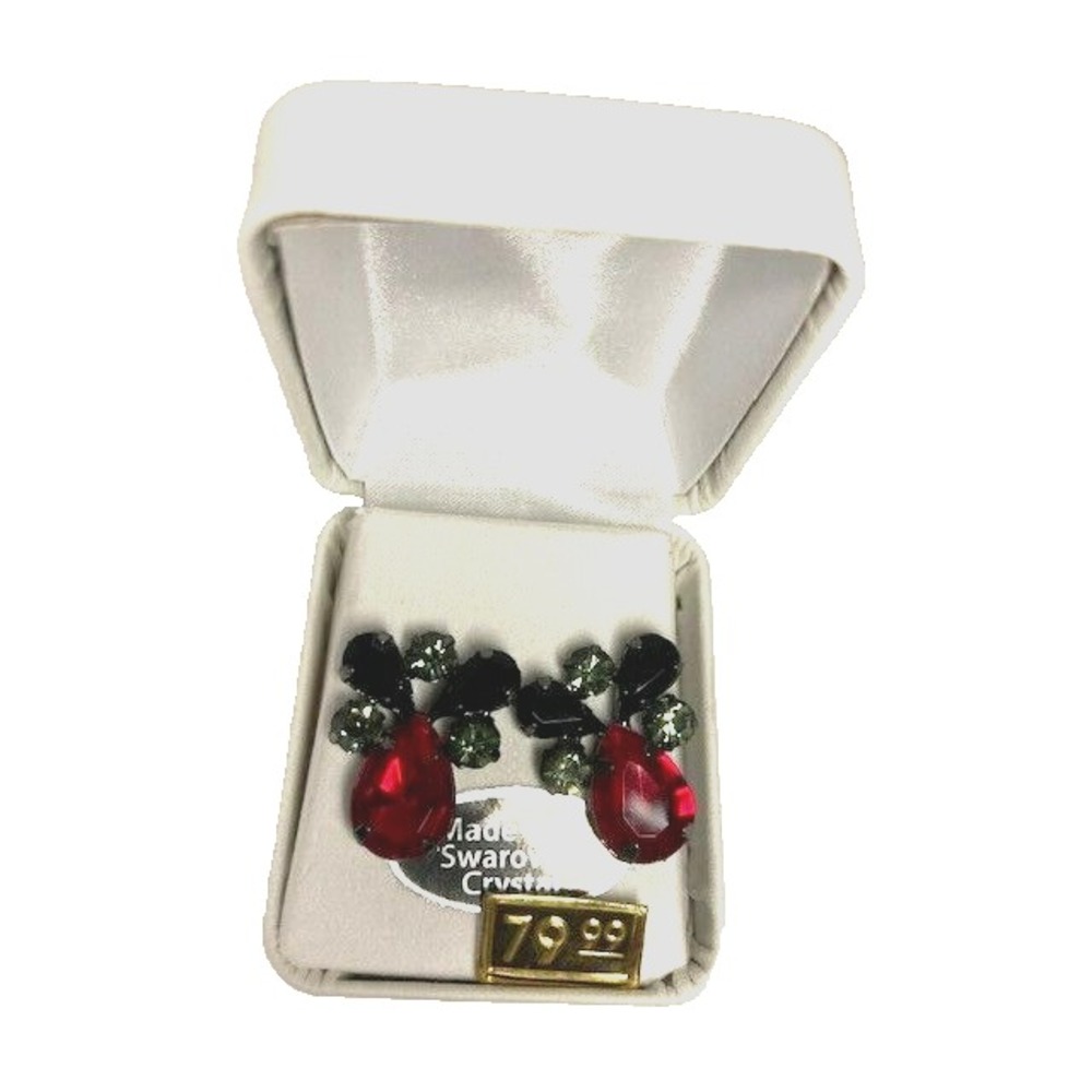 NIB Christmas Red Angel Green Wing 1 inch earrings Swarovski crystal